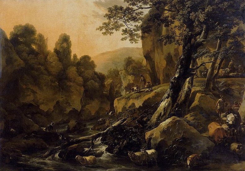 Nicolaes Pietersz. Berchem Herdsmen and Herds at a Waterfall
